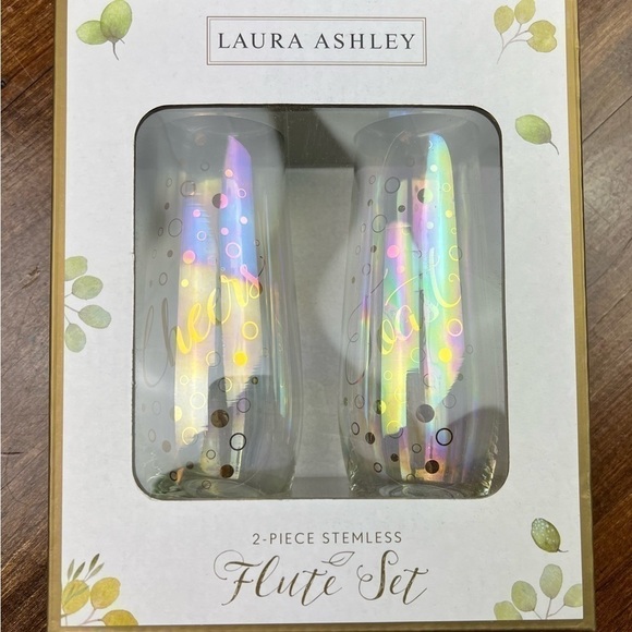 Laura Ashley 2 Piece Stemless Flute Set ~ 8 oz "Cheers""Toast" Champagne New NIB - Picture 1 of 5